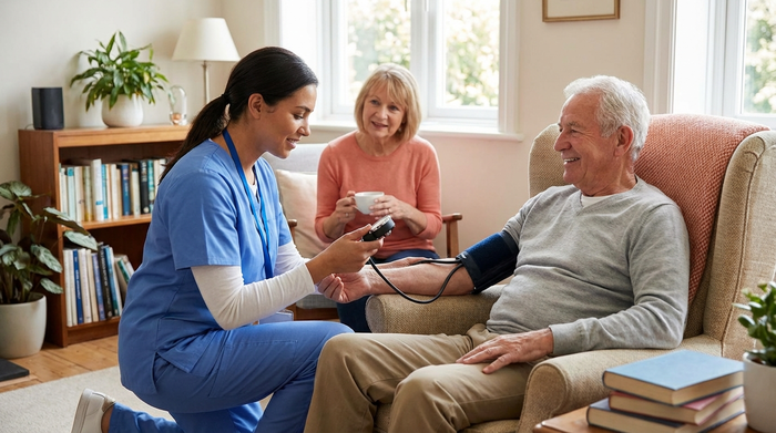 Eine Pflegefachkraft in blauer Berufskleidung misst den Blutdruck eines älteren Mannes, der entspannt in einem Sessel sitzt, während im Hintergrund eine Alltagsbegleiterin freundlich zuschaut.