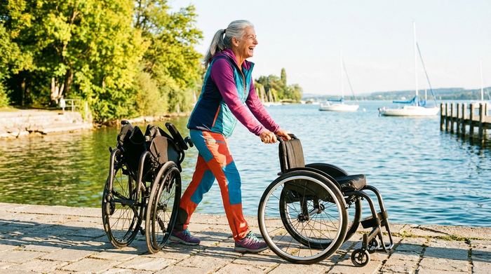 Eine rüstige Seniorin fährt mit einem modernen, faltbaren Leichtgewichtsrollstuhl über einen gepflasterten Weg an einem sonnigen See. Im Hintergrund sind grüne Bäume und klares Wasser zu sehen.