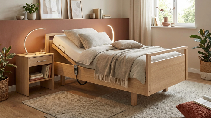 Ein modernes, elektrisch höhenverstellbares Pflegebett aus hellem Holz in einem wohnlich eingerichteten Schlafzimmer. Auf dem ordentlich gemachten Bett liegen weiche Kissen, daneben steht ein Nachttisch mit einer eleganten Leselampe.