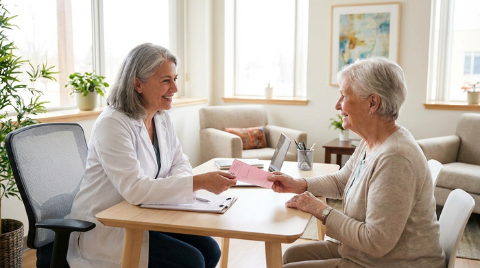Ein freundlicher Arzt in weißem Kittel sitzt an einem hellen Schreibtisch und überreicht einer älteren Patientin lächelnd ein rosafarbenes Rezept. Die Atmosphäre im Behandlungszimmer ist vertrauensvoll und beruhigend.
