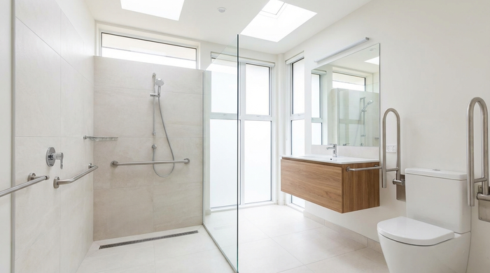 Ein helles, modern umgebautes und barrierefreies Badezimmer mit einer großzügigen, ebenerdigen Dusche. An der hell gefliesten Wand sind dezente, sichere Haltegriffe aus glänzendem Edelstahl angebracht.