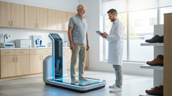 Ein moderner 3D-Fußscanner in einem hellen, sauberen Sanitätshaus. Ein älterer Herr steht barfuß auf der beleuchteten Glasplatte des Scanners, während ein Orthopädietechniker in weißem Kittel freundlich lächelnd die Daten auf einem Tablet überprüft. Fotorealistisch, professionelle medizinische Umgebung.