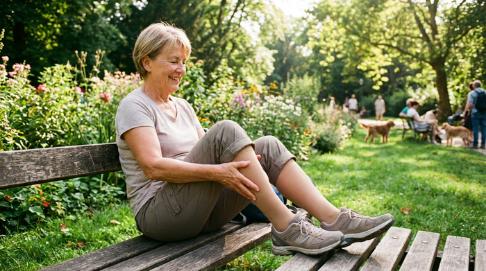 Eine aktive Seniorin sitzt entspannt auf einer Parkbank im Grünen und massiert leicht ihre Waden. Sie trägt bequeme, unauffällige Kompressionsstrümpfe und sportliche Schuhe. Die Sonne scheint, die Atmosphäre ist positiv und unbeschwert.