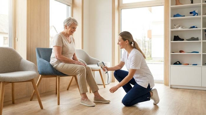 Ein heller Beratungsraum in einem Sanitätshaus. Eine freundliche Fachverkäuferin misst am Vormittag mit einem digitalen Infrarot-Scanner die Beine einer älteren Dame. Beide lächeln. Die Umgebung ist modern, einladend und sauber, ohne störende Texte.