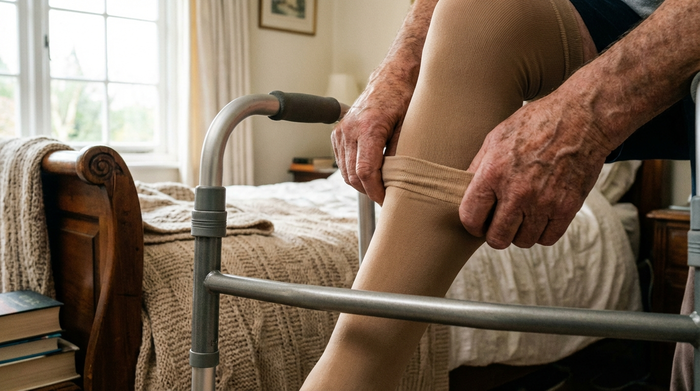 Eine Nahaufnahme der Hände eines Seniors, der mühelos einen Kompressionsstrumpf über ein stabiles Metallgestell, eine sogenannte Anziehhilfe, zieht. Die Szene spielt in einem gemütlich eingerichteten Schlafzimmer bei weichem Morgenlicht. Realistisch und detailreich.