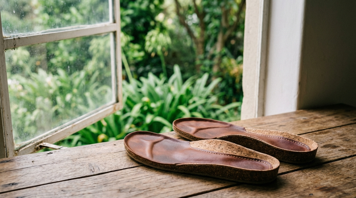 Ein Paar orthopädische Einlagen aus hochwertigem Leder und Kork liegt zum Lüften auf einem sauberen Holztisch neben einem geöffneten Fenster. Im Hintergrund sind unscharf grüne Pflanzen zu erkennen. Frische, saubere und natürliche Atmosphäre.