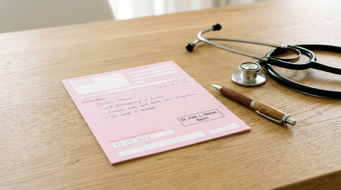 Ein rosafarbenes Rezeptformular liegt auf einem hellen Holztisch, daneben ein Stethoskop und ein eleganter Kugelschreiber. Die Szene ist gut ausgeleuchtet und wirkt aufgeräumt.