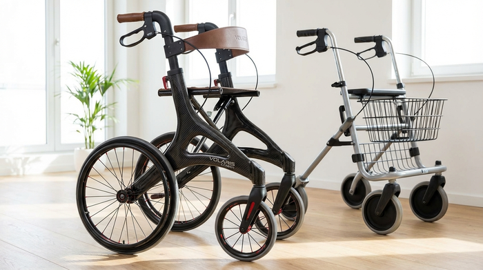 Zwei unterschiedliche Rollatoren stehen nebeneinander in einem hellen Raum. Einer ist ein einfaches Standardmodell aus Metall, der andere ein modernes, elegantes Leichtgewichtmodell aus Carbon. Der Fokus liegt auf den hochwertigen Details des Carbon-Modells.