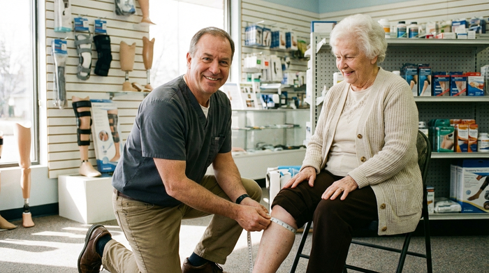 Ein freundlicher Orthopädietechniker kniet neben einer älteren Kundin und misst mit einem flexiblen Maßband sorgfältig ihr Bein ab. Die Kundin lächelt zufrieden. Im Hintergrund ein aufgeräumtes Geschäft für Sanitätsbedarf.