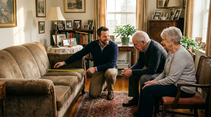Ein Fachberater steht im gemütlichen Wohnzimmer eines älteren Ehepaares und begutachtet den Platz neben dem Sofa. Das Ehepaar hört aufmerksam zu. Warme, vertrauensvolle Atmosphäre.