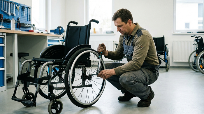Ein Techniker in Arbeitskleidung hockt vor einem Rollstuhl und prüft mit einem Werkzeug in der Hand das Rad. Eine gut beleuchtete, saubere Werkstatt im Hintergrund.