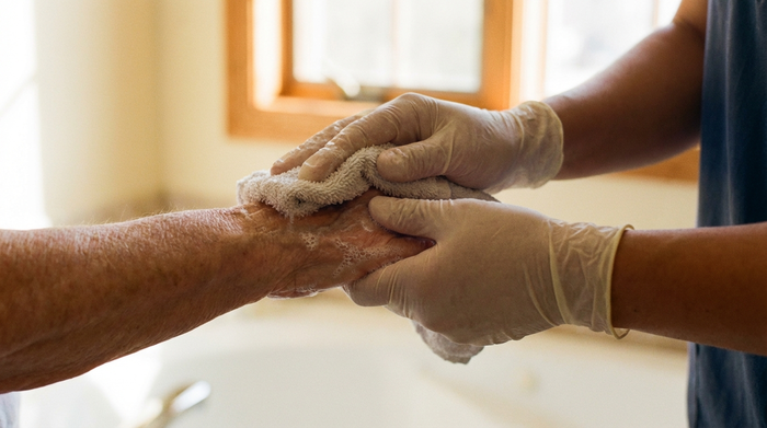 Nahaufnahme von Händen: Eine fürsorgliche Pflegekraft wäscht behutsam die Hände einer älteren Dame mit einem weichen Waschlappen. Helles, sauberes Badezimmer mit warmem Licht, Fokus auf Respekt und professionelle Grundpflege, fotorealistisch.