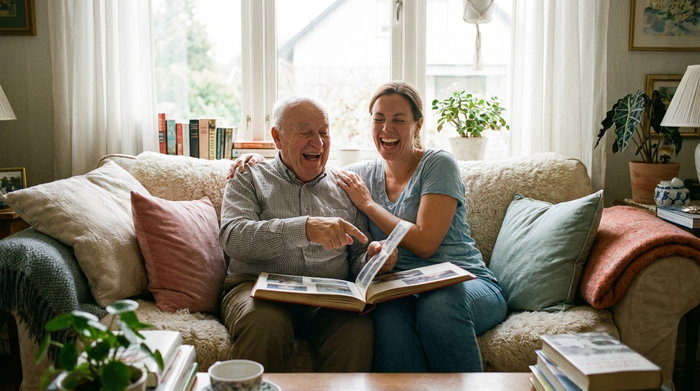 Eine glückliche Familie: Eine erwachsene Tochter sitzt mit ihrem älteren Vater lachend auf dem Sofa und sie schauen gemeinsam ein Fotoalbum an. Entspannte Atmosphäre, heimeliges Wohnzimmer mit weichen Kissen, sonnendurchflutet.