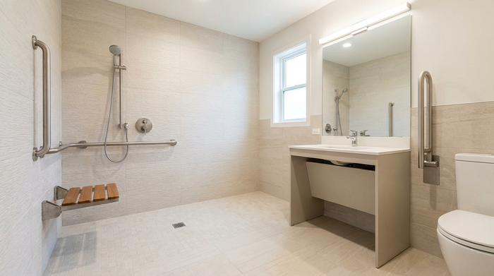 Ein modern renoviertes, barrierefreies Badezimmer mit einer geräumigen, ebenerdigen Dusche und sicheren Haltegriffen an den Wänden. Helle, rutschfeste Fliesen, sauberes und elegantes Design für Senioren, ohne Text oder Diagramme.