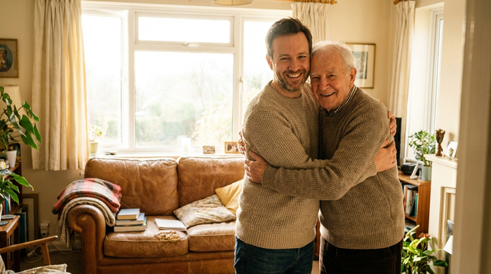 Ein fürsorglicher Sohn umarmt seinen älteren Vater im heimischen Wohnzimmer. Beide wirken entspannt und glücklich. Helles Tageslicht fällt durch das Fenster, im Hintergrund ein gemütliches Sofa.