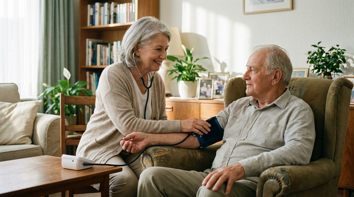 Eine erfahrene Pflegekraft misst den Blutdruck eines älteren Herrn im Sessel. Die Szene strahlt Ruhe, Kompetenz und Vertrauen aus. Sauberes, aufgeräumtes Wohnumfeld ohne medizinische Überladenheit.
