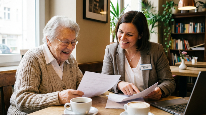 Zwei Personen sitzen sich bei einer Tasse Kaffee gegenüber und besprechen freundlich Dokumente. Eine Person ist eine ältere Dame, die andere eine professionelle Pflegeberaterin. Fokus auf menschliche Interaktion und Respekt.