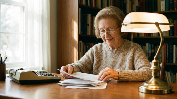 Eine ältere Dame mit Brille sortiert entspannt einige Dokumente an einem aufgeräumten Schreibtisch. Neben ihr liegt ein Taschenrechner und eine Leselampe leuchtet in einem warmen Ton.