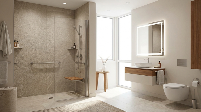 Ein modern renoviertes, helles Badezimmer mit einer ebenerdigen, barrierefreien Dusche. Elegante Haltegriffe an der Wand und rutschfeste Fliesen. Sauber, sicher und stilvoll eingerichtet.