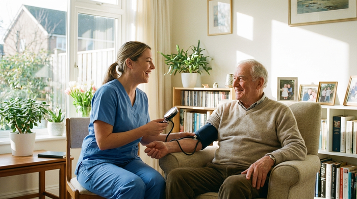 Eine engagierte Pflegekraft in blauer Berufskleidung misst den Blutdruck eines älteren Herrn in seinem aufgeräumten, sonnigen Zuhause. Beide wirken entspannt und tauschen ein freundliches Lächeln aus.