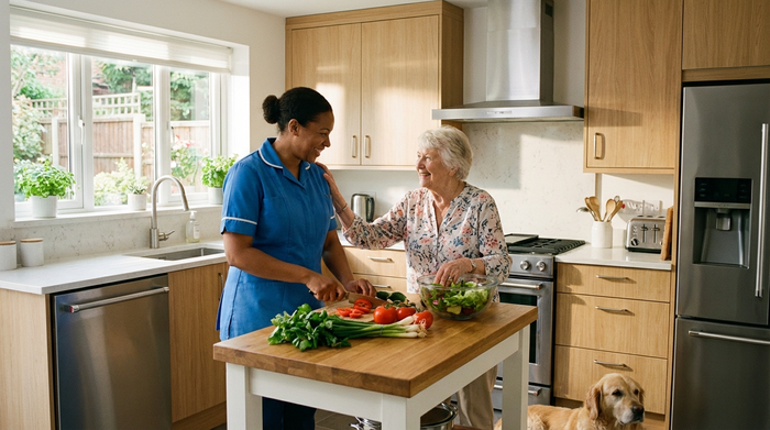 Eine herzliche Betreuerin bereitet gemeinsam mit einer Seniorin in einer sauberen, modernen Küche frisches Gemüse für das Mittagessen vor. Ein harmonisches Miteinander im Alltag.