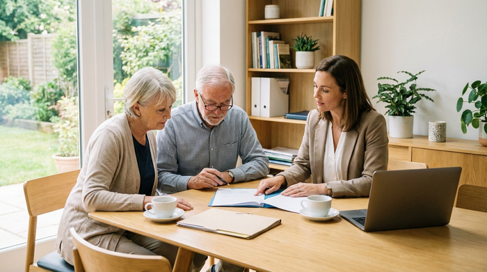 Ein älteres Ehepaar sitzt gemeinsam mit einer Beraterin an einem hellen Holztisch und schaut sich konzentriert verschiedene Dokumente an. Eine professionelle, ruhige Beratungssituation.