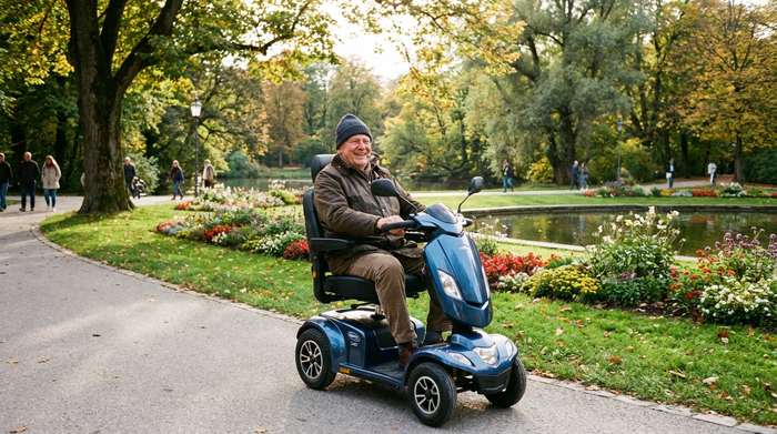 Ein rüstiger Senior fährt mit einem modernen Elektromobil durch einen gepflegten grünen Park in der Stadt. Er trägt eine warme Jacke und genießt die frische Luft.