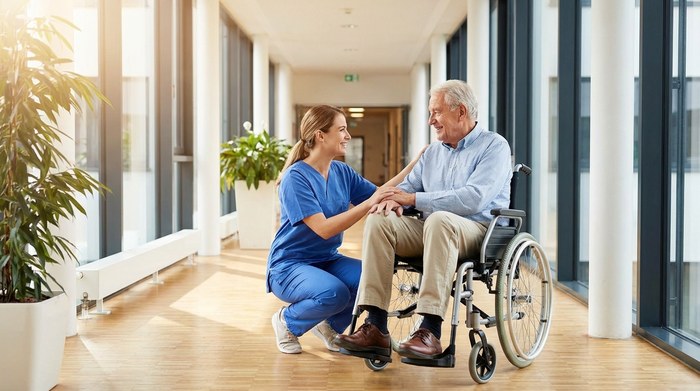Ein vertrauensvolles Gespräch zwischen einer Pflegekraft in blauer Berufskleidung und einem älteren Herrn im Rollstuhl in einem lichtdurchfluteten Flur. Beide lächeln sich freundlich an, harmonische und saubere Umgebung.
