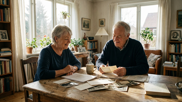 Ein älteres Ehepaar sitzt gemeinsam an einem Holztisch in einem hellen Wohnzimmer und schaut entspannt auf einige Dokumente. Eine Tasse Kaffee dampft leicht auf dem Tisch.