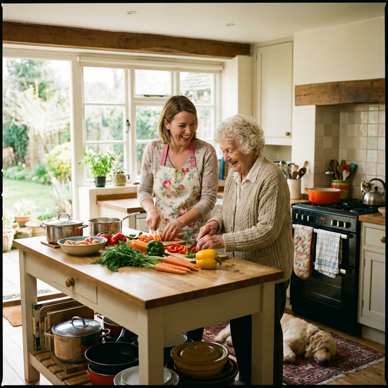 Eine fürsorgliche Betreuungskraft kocht gemeinsam mit einer lächelnden Seniorin in einer gemütlichen, gut beleuchteten Küche frisches Gemüse. Entspannte und fröhliche Alltagsszene.