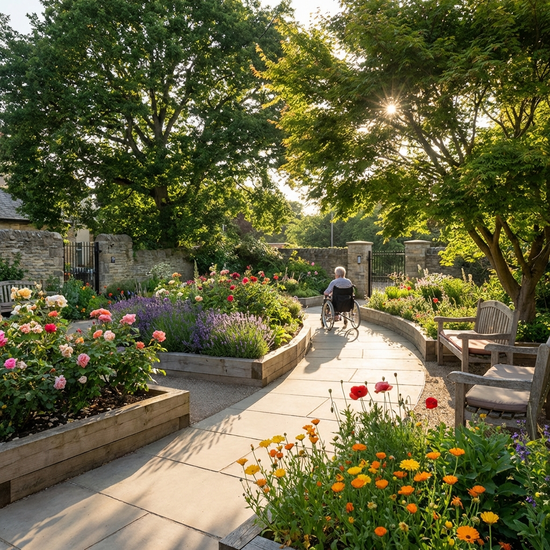 Ein sicherer und blühender Garten mit rollstuhlgerechten, geschwungenen Rundwegen, Hochbeeten voller bunter Blumen und gemütlichen Holzbänken unter schattigen Bäumen an einem sonnigen Nachmittag.