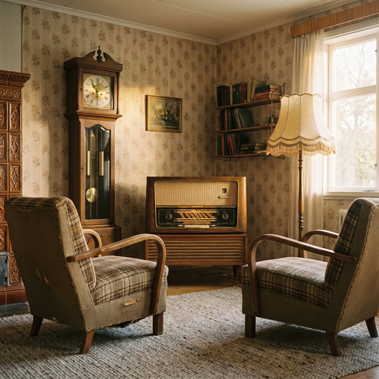 Ein nostalgisch eingerichtetes Wohnzimmer im Stil der 1950er Jahre mit einem alten Röhrenradio, einer klassischen Standuhr und gemütlichen Ohrensesseln, das eine beruhigende Atmosphäre ausstrahlt.