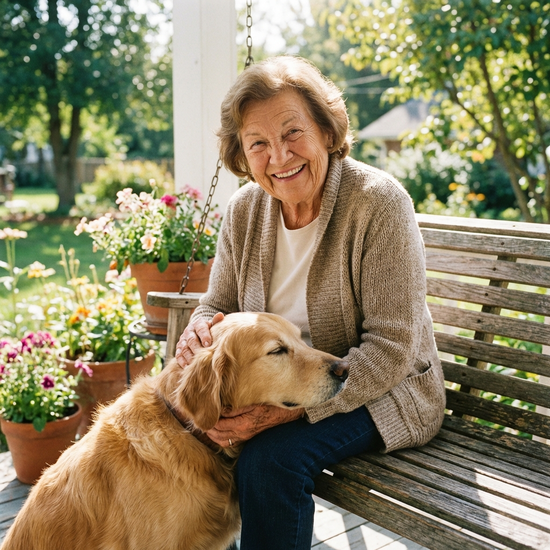 Eine freundliche ältere Dame streichelt lächelnd einen geduldigen Golden Retriever, der seinen Kopf sanft auf ihren Schoß gelegt hat.