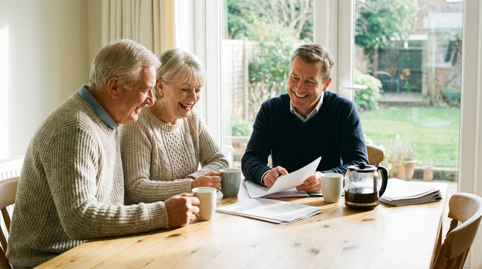Ein älteres Ehepaar sitzt gemeinsam mit einem freundlichen Berater an einem hellen Holztisch und bespricht entspannt Dokumente bei einer Tasse Kaffee.