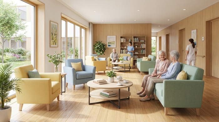 Eine helle, saubere Wohninsel auf dem Flur einer Pflegeeinrichtung mit bequemen Sitzgelegenheiten, großen Fenstern und freundlichen Farben, die zum Verweilen einlädt.