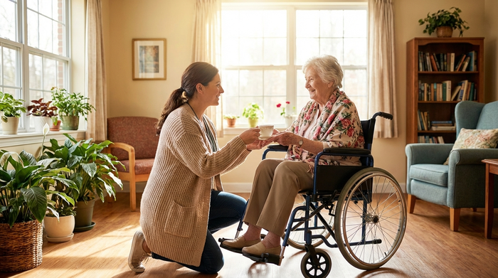 Eine liebevolle Pflegekraft reicht einer lächelnden Seniorin im Rollstuhl eine Tasse Tee in einem sonnigen, gemütlichen Aufenthaltsraum.
