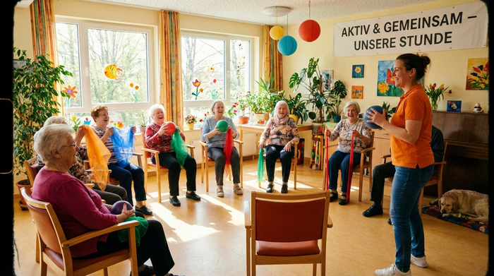 Eine fröhliche Gruppe von Senioren macht gemeinsam leichte Gymnastikübungen in einem lichtdurchfluteten, farbenfrohen Gemeinschaftsraum eines Pflegeheims.