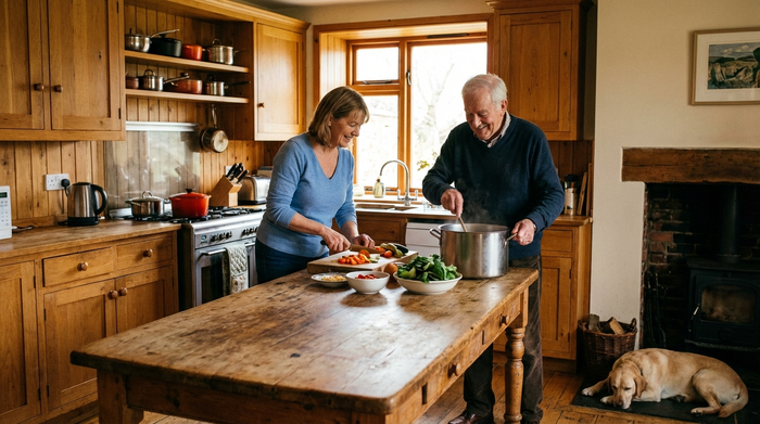 Eine engagierte Betreuungskraft kocht gemeinsam mit einem älteren Herrn in seiner eigenen, gemütlichen Holzküche ein gesundes Mittagessen.