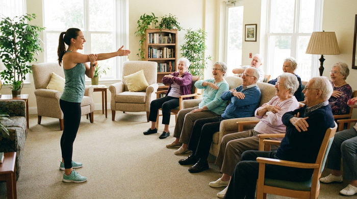 Eine Gruppe fröhlicher Senioren macht leichte Gymnastikübungen im Sitzen in einem hellen, freundlichen Gemeinschaftsraum. Eine motivierende Betreuungskraft macht die Übungen vor. Angenehme, saubere Umgebung ohne Text.