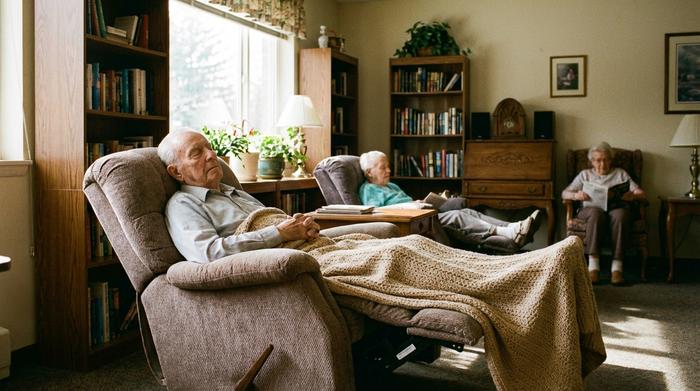Ein älterer Herr sitzt entspannt in einem bequemen Ruhesessel in einem gemütlichen Ruheraum einer Pflegeeinrichtung. Eine warme Decke liegt über seinen Beinen. Friedliche, ruhige Stimmung, sanftes Tageslicht.