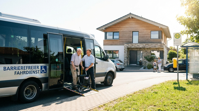 Ein moderner, barrierefreier Kleinbus steht vor einem gepflegten Wohnhaus. Ein freundlicher Fahrer hilft einem lächelnden Senior mit Rollator über eine Rampe sicher in das Fahrzeug. Sonniges Wetter, realistische Straßenszene.