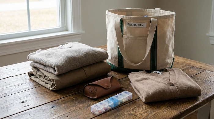 Eine gepackte Tasche für die Tagespflege steht bereit auf einem Holztisch. Daneben liegen ordentlich gefaltete Wechselkleidung, ein Brillenetui und eine Pillendose. Ordentlich, sauber, realistische Alltagsgegenstände.