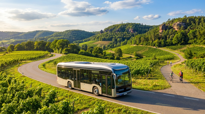 Ein moderner, barrierefreier Kleinbus fährt durch eine grüne, hügelige Landschaft im Pfälzerwald an einem sonnigen Tag. Realistische, klare Umgebung ohne Schriftzüge.