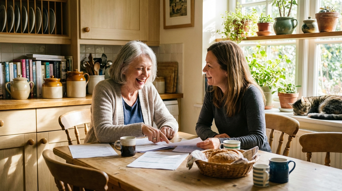 Eine ältere Frau sitzt entspannt am Küchentisch und bespricht mit ihrer Tochter lächelnd Dokumente. Gemütliche, helle Wohnatmosphäre, keine erkennbaren Texte auf den Papieren.