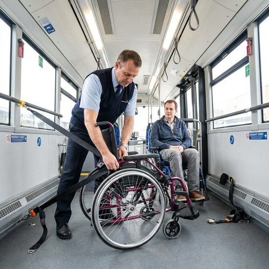 Ein Fahrer befestigt sorgfältig und professionell die Sicherheitsgurte an einem Rollstuhl im Innenraum eines geräumigen Transportbusses. Helle Beleuchtung, Fokus auf Sicherheit.