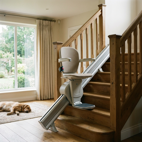 Ein moderner Treppenlift an einer Holztreppe in einem gepflegten Einfamilienhaus, sanftes Tageslicht fällt durch ein großes Fenster.