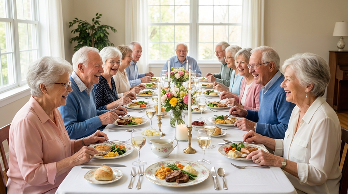 Senioren sitzen gemeinsam an einem großen, liebevoll gedeckten Tisch beim Mittagessen in einem hellen Raum. Fröhliche Stimmung, leckeres Essen auf Porzellantellern. Realistische, saubere Szene ohne Text.