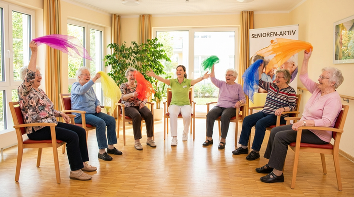 Eine Gruppe älterer Menschen sitzt im Kreis und macht leichte Sitzgymnastik mit bunten Schwungtüchern. Eine motivierte Therapeutin leitet die Gruppe an. Helles, freundliches Zimmer mit Holzfußboden.