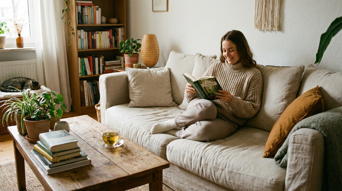 Eine entspannte, jüngere Frau liest gemütlich ein Buch auf einem Sofa in einem ruhigen Wohnzimmer, eine Tasse Tee steht auf dem Tisch. Sie wirkt erholt und friedlich.