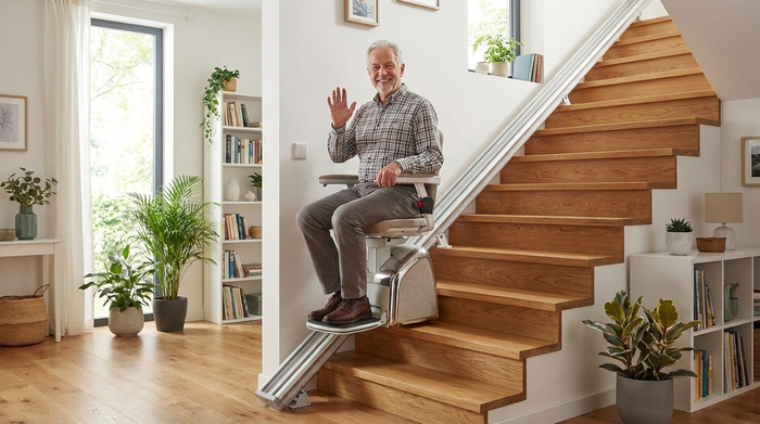 Ein moderner Treppenlift an einer gepflegten Holztreppe in einem gemütlichen Einfamilienhaus. Ein zufriedener Senior fährt sicher hinunter. Helle Beleuchtung, sauberes und barrierefreies Umfeld.